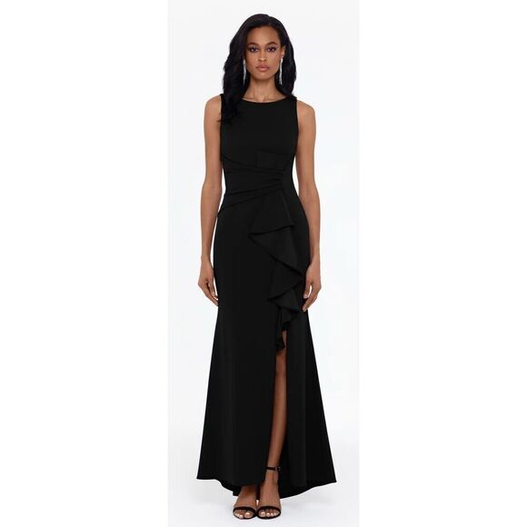 Betsy & Adam "CHRISTINE" SCUBA CREPE RUFFLED BOW GOWN in Black NWT Size 14 - Picture 1 of 6